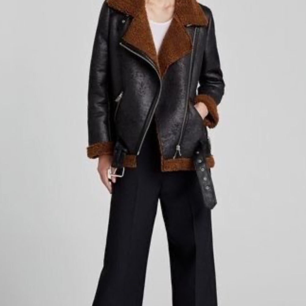 Zara Woman Faux Leather Shearling Aviator Jacket Brown & Black Moto Coat  size M